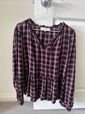 LOFT Black and Red Plaid Peplum Tunic Top